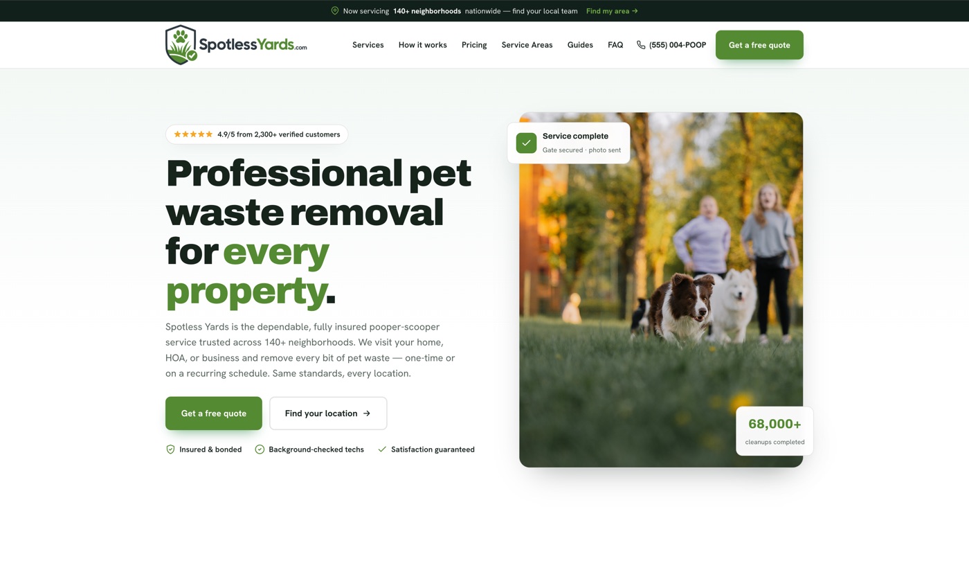 Spotless Yards pet waste removal website — small business web design by Netveano, San Jose & Bay Area