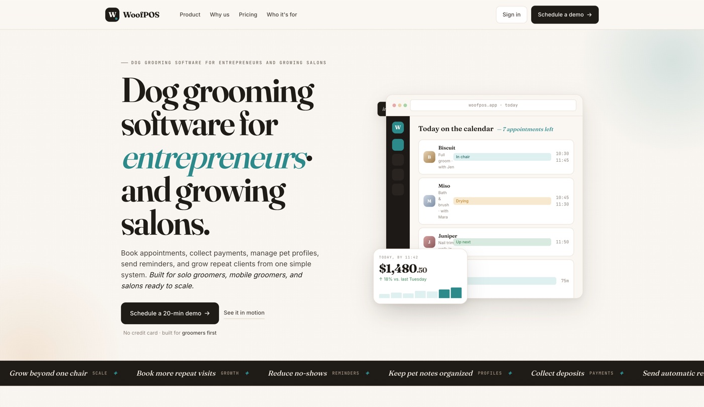 WoofPOS dog grooming software website — SaaS web design by Netveano, San Jose California